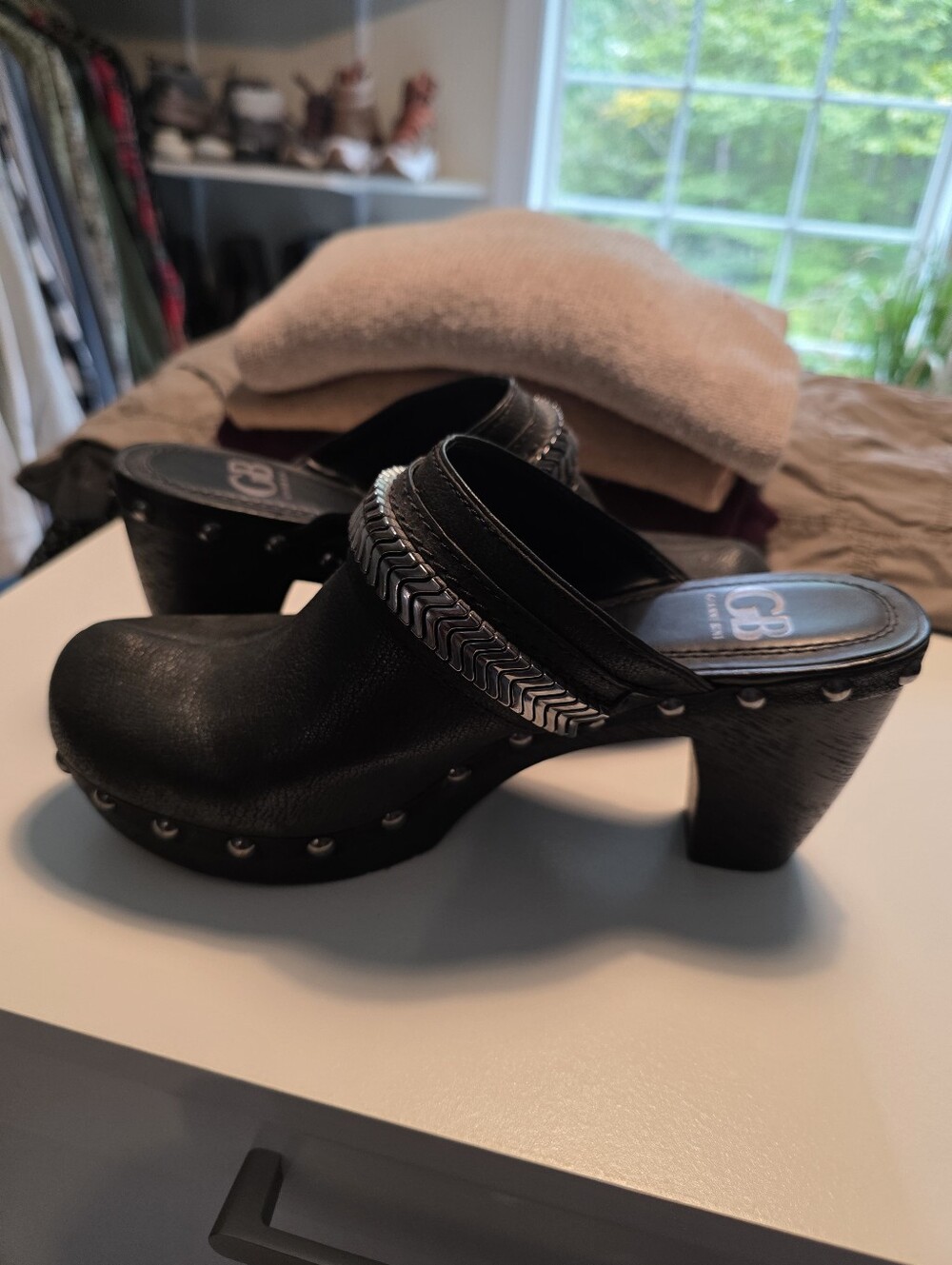 Black Leather Studded Clog Heels